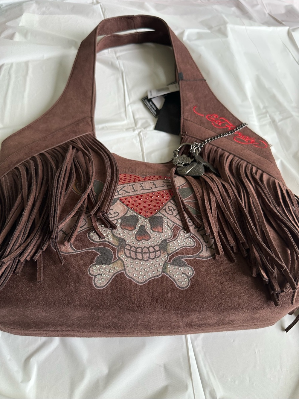 Ed Hardy Brown Faux Suede Fringe Shoulder Bag with Red Accent
